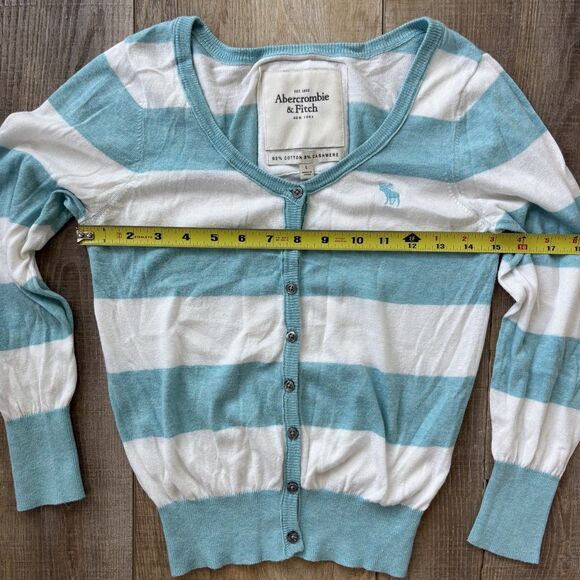 Vintage Abercrombie & Fitch Womens Cardigan Blue Striped Size L Y2K Logo Preppy - Picture 8 of 10